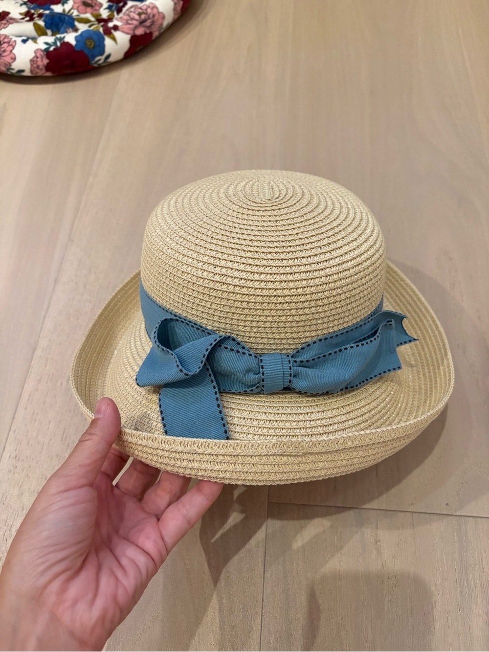 Straw Sun Hat with Blue Ribbon